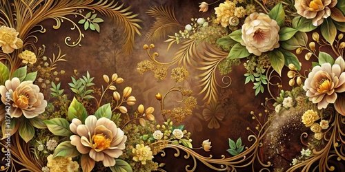 Opulent Floral Design with Gilded Accents and Intricate Scrollwork Featuring Lush Blooms in Earthy Tones