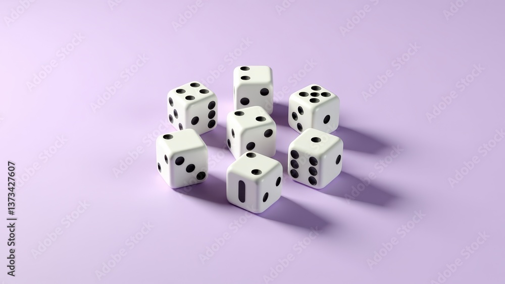 Scattered White Dice On Purple Background Scattered White Dice On Purple Background