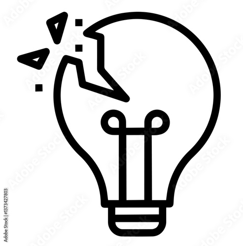 Lightbulb with a crack at the top, emitting shards, sudden loss of inspiration, the end of an idea, or disappointment in creativity. Sudden Loss of Inspiration, End of Idea, Disappointment