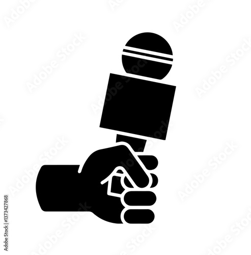 Hands firmly gripping a microphone with a round top and square logo area, journalism, interviews, the role of an interviewer in gathering information for news, marketing, research. Journalism 
