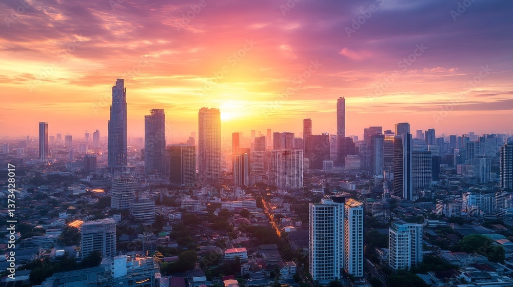Fototapeta premium Sunset cityscape bangkok urban landscape evening aerial view serene atmosphere for city explorers