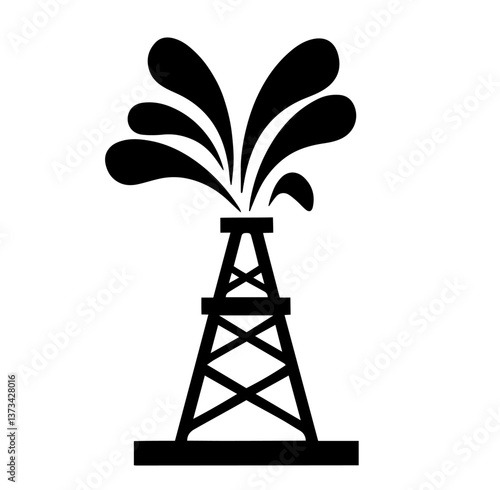 Large oil drilling rig with a metal framework structure, extracting petroleum while releasing oil streams upward, energy production, fossil fuel extraction, industrial engineering. Natural Resources

