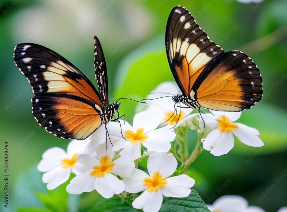 Fototapeta premium Two Monarch Butterflies Resting on White Flowers with Green Leafy Background