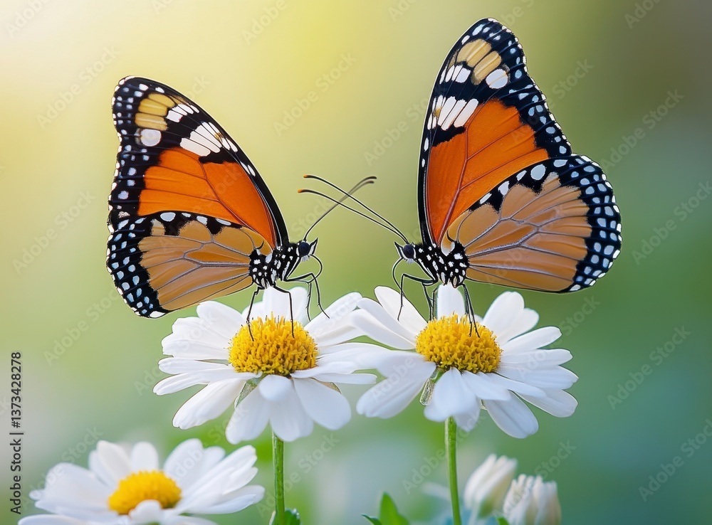 Fototapeta premium Two Monarch Butterflies Sipping Nectar From White Daisy Flowers in Garden