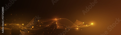 Vector Abstract molecule, internet network connection design for web site. Network Connected line and dot, technology on dark gold background. Digital data, communication, science, futuristic concept
