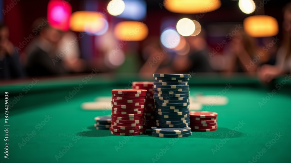 Stacked Poker Chips On Green Table Stacked Poker Chips On Green Table