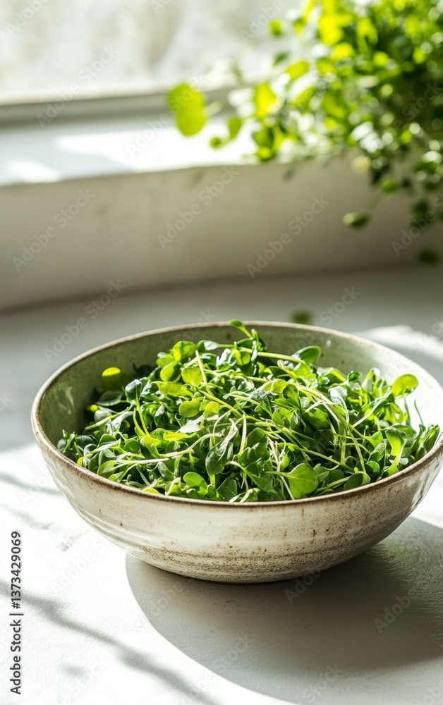 Fresh Microgreens in Ceramic Bowl on Sunny Counter for Healthy Eating Fresh Microgreens in Ceramic Bowl on Sunny Counter for Healthy Eating