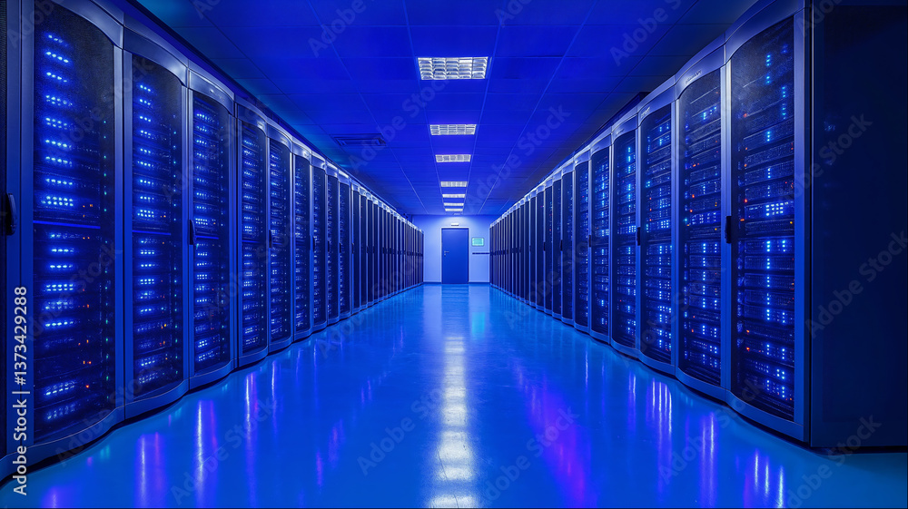 Blue illuminated server datacenter corridor with rows of network computing hardware, digital technology infrastructure Blue illuminated server datacenter corridor with rows of network computing hardware, digital technology infrastructure