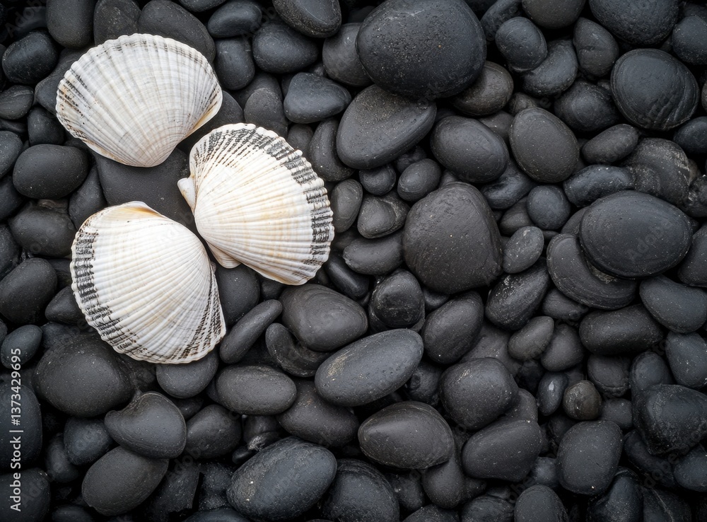 Seashells and Black Smooth Rocks Arrangement Still Life Top View Seashells and Black Smooth Rocks Arrangement Still Life Top View
