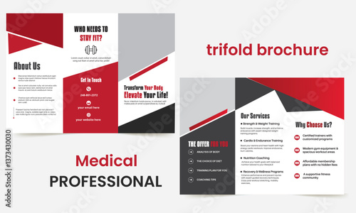 Fitness, Gym or Health tri-fold brochure design template, Fitness Agency cover brochure flyer design template