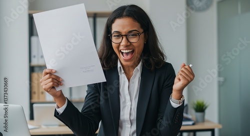 Receiving appreciation letter and celebrating reward-winning moment for office work success. Generative AI