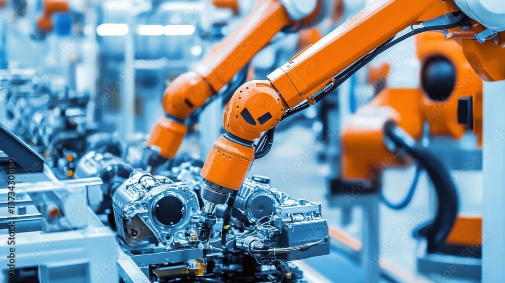 A robotics designer developing robotic arms for precision car part assembly, cutting-edge automotive factory with robotic arms assembling car engines and parts, Automotive style A robotics designer developing robotic arms for precision car part assembly, cutting-edge automotive factory with robotic arms assembling car engines and parts, Automotive style