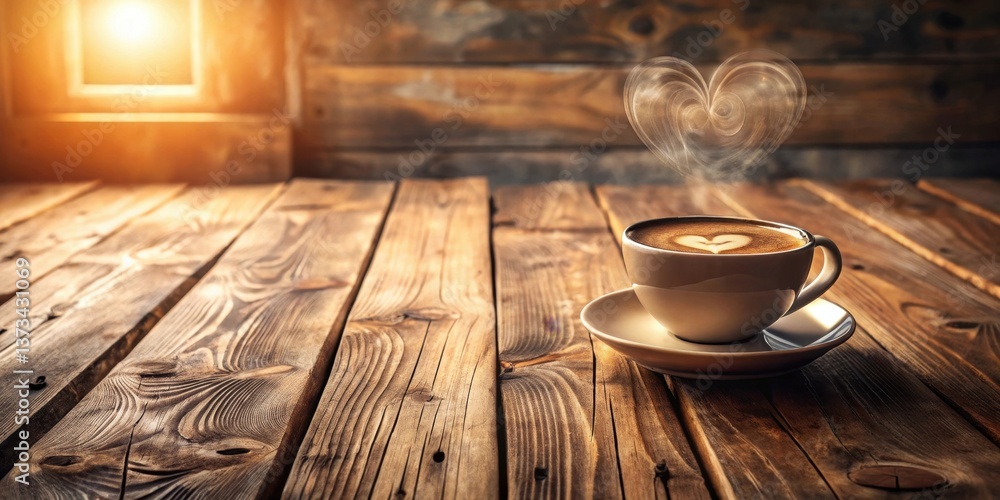 Aromatic Coffee Cup with Heart Design on Rustic Wooden Table, Bathed in Warm Sunlight Aromatic Coffee Cup with Heart Design on Rustic Wooden Table, Bathed in Warm Sunlight