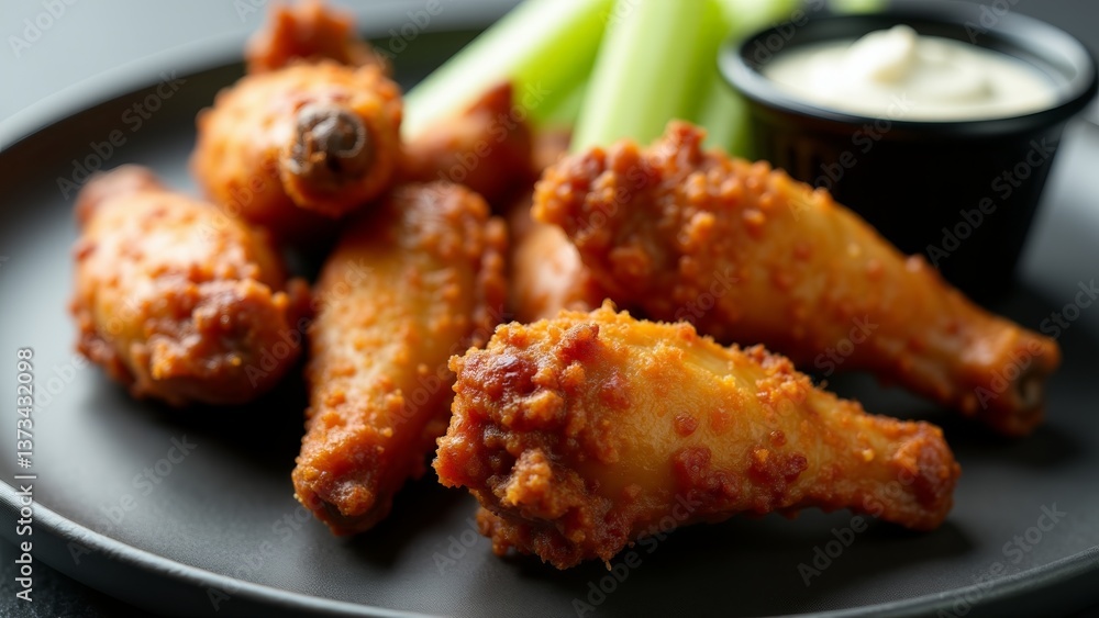 Fototapeta premium Fried Chicken Wings With Celery And Dip