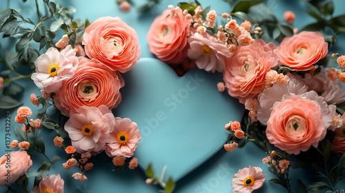 Wallpaper Mural Floral Heart: A delicate arrangement of pastel-colored flowers encircles a soft, blue heart, creating a serene and romantic scene, perfect for expressing affection and tenderness. Torontodigital.ca