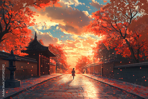 Wallpaper Mural Harmony of Autumn: A lone figure strolls along a serene pathway framed by vibrant red trees, bathed in the warm hues of a sunset, exuding tranquility and the beauty of the season. Torontodigital.ca