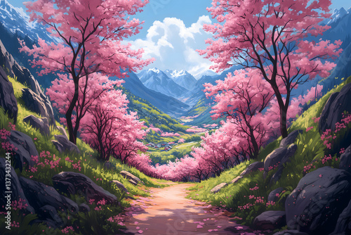 Wallpaper Mural Blooming Valley: A vibrant valley scene, lined with cherry blossom trees and a path leading into the distance, set against a background of mountains and a blue sky. Torontodigital.ca