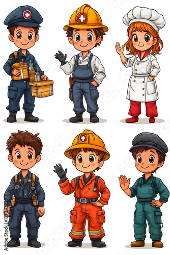 Wallpaper Mural Kids' Dream Professions: Whimsical depiction of six children dressed in varied professional attire, embodying aspirations and diverse career paths. Torontodigital.ca