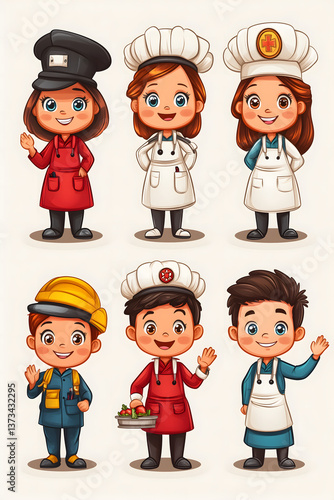 Wallpaper Mural Dream Jobs: A delightful cartoon featuring a collection of diverse characters, each representing a different profession. The charming illustrations depict them ready and excited. Torontodigital.ca