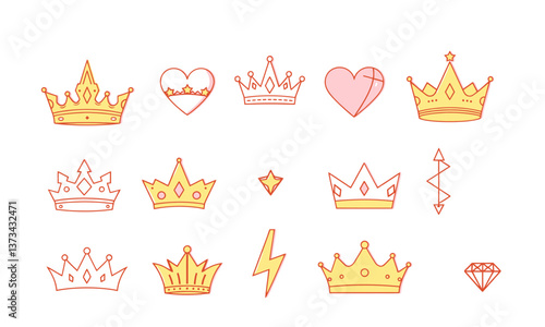 Crown illustrations featuring various designs, including hearts and geometric shapes, evoke sense of royalty and elegance. Perfect for creative projects and celebrations