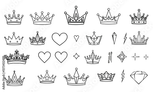 Crown illustrations featuring various designs, including ornate crowns, hearts, stars, and diamonds, perfect for creative projects and decorative purposes