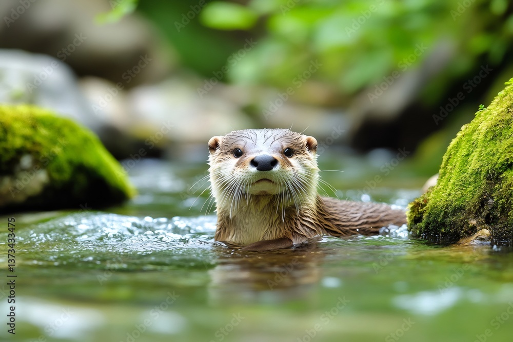 Fototapeta premium European otter swimming in a pristine river with mossy rocks