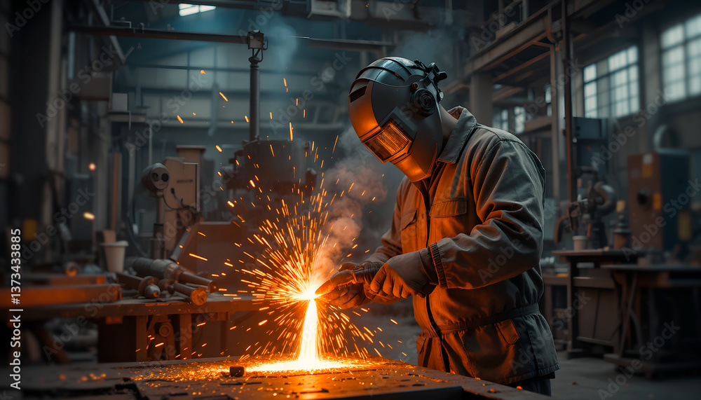 A skilled metalworker shaping molten metal in a fiery workshop. A skilled metalworker shaping molten metal in a fiery workshop.