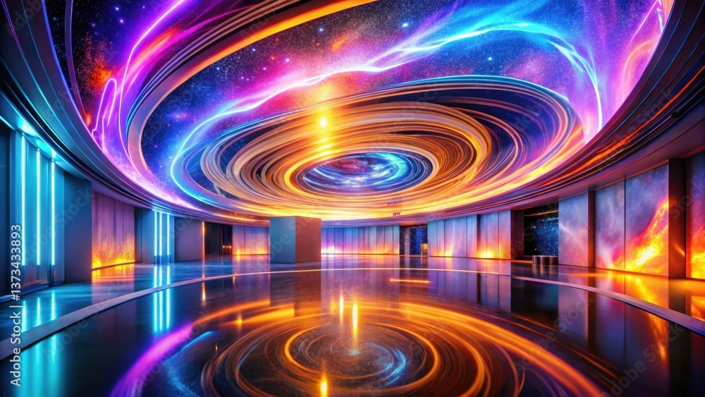 Luminous Celestial Interior A Futuristic Architectural Design with Vibrant Neon Lighting and a Reflective Floor Displaying a Cosmic-Inspired Ceiling Luminous Celestial Interior A Futuristic Architectural Design with Vibrant Neon Lighting and a Reflective Floor Displaying a Cosmic-Inspired Ceiling