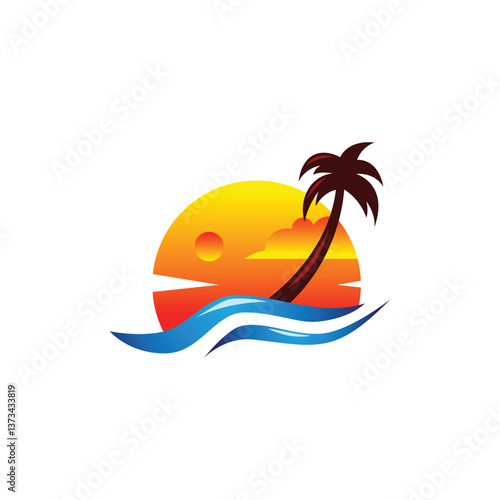 Sunset over the ocean with palm tree