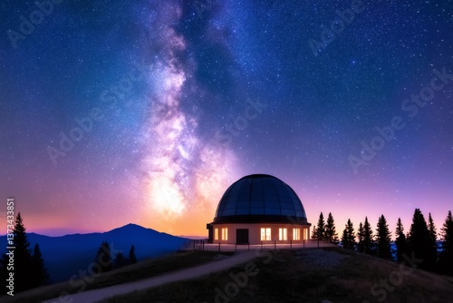 Astronomical observatory exploring milky way in starry night sky