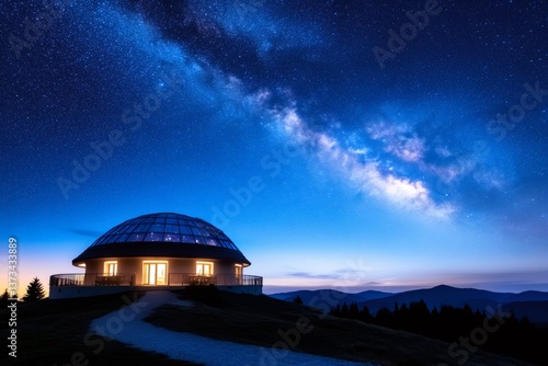 Futuristic dome building under amazing milky way and starry sky