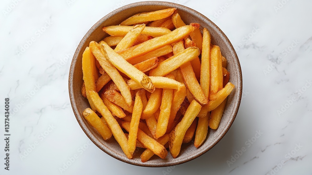 Crispy, golden fries piled high in a bowl atop elegant marble. A perfect snack! Crispy, golden fries piled high in a bowl atop elegant marble. A perfect snack!