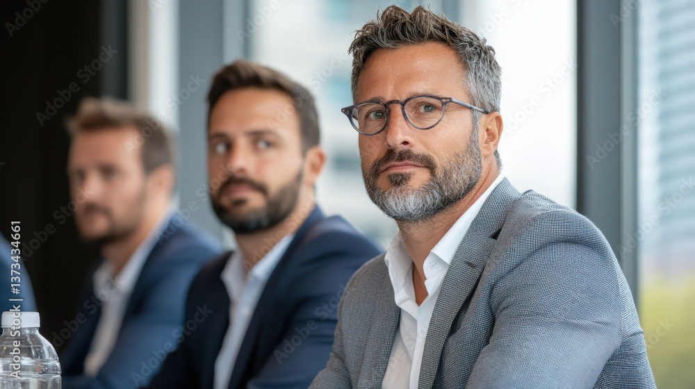 Professional men in suits engaged in business discussion, showcasing focus and collaboration Professional men in suits engaged in business discussion, showcasing focus and collaboration