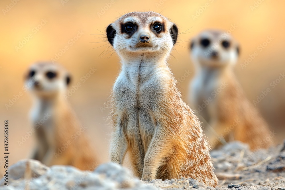 Meerkats sitting and looking around in the desert Meerkats sitting and looking around in the desert