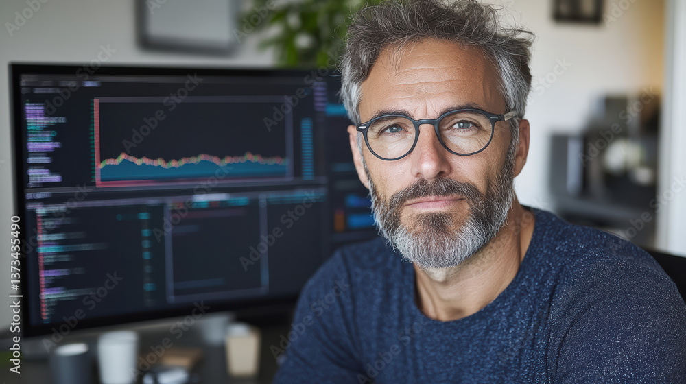 Professional man with glasses analyzing data on computer screen, showcasing focus and expertise Professional man with glasses analyzing data on computer screen, showcasing focus and expertise