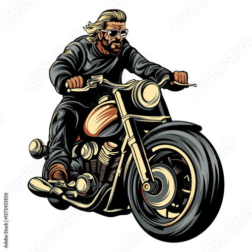 Cartoon Biker Riding Custom Motorcycle – Bearded Man with Sunglasses on Classic Cruiser Bike – Vector Illustration for Motorcycle Clubs, Road Trip Posters, Biker Culture Art, and Vintage Riding Themes