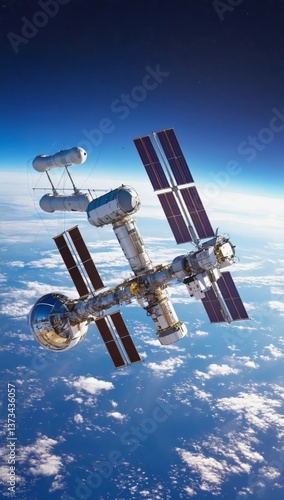 Fototapeta Naklejka Na Ścianę i Meble -  Futuristic Space Station with Unique Spherical Modules Orbiting Over Cloudy Earth - made with Generative AI