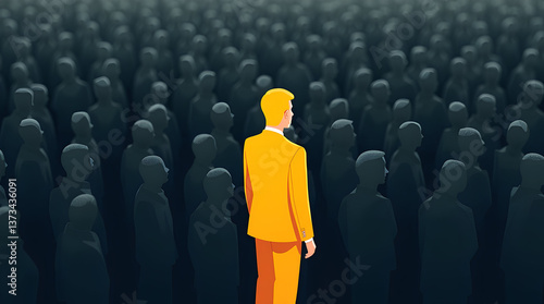 A single standout yellow figure amidst dark, uniform figures, visually expressing confidence, leadership, and being different from the crowd.