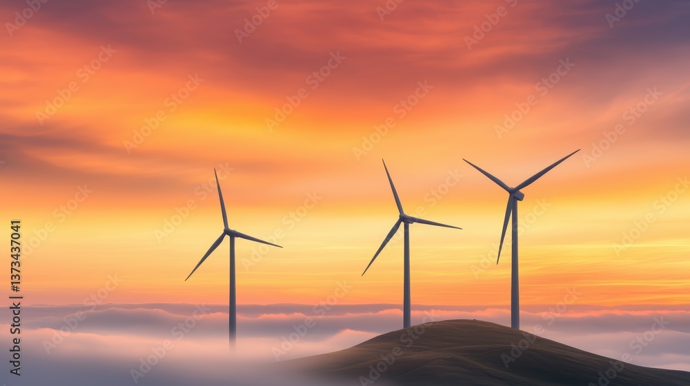 Obraz premium Wind turbines silhouetted against a vibrant sunset, surrounded by clouds, symbolizing renewable energy and sustainability.