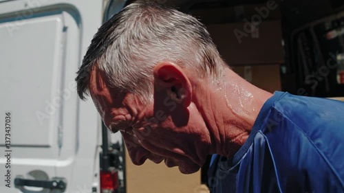 Delivery man loading van under sunlight: urban transportation and logistics