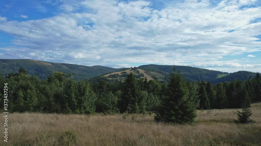 Scenic view of rolling hills, meadows and forested slopes in Beskid Slaski mountains, southern Poland under partly cloudy sky Scenic view of rolling hills, meadows and forested slopes in Beskid Slaski mountains, southern Poland under partly cloudy sky