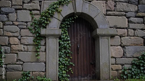 Wallpaper Mural Mysterious ivycovered stone archway with wooden door in medieval setting Torontodigital.ca