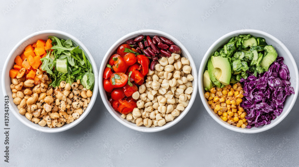 Fresh, colorful bowls of healthy ingredients including beans, vegetables, and greens Fresh, colorful bowls of healthy ingredients including beans, vegetables, and greens