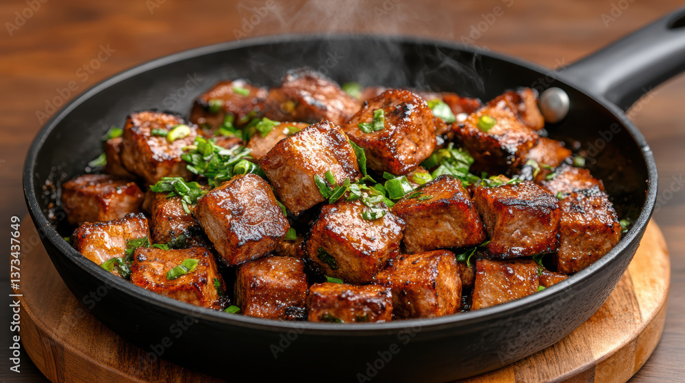 Sizzling cubes of marinated meat in pan, garnished with fresh herbs, create mouthwatering dish Sizzling cubes of marinated meat in pan, garnished with fresh herbs, create mouthwatering dish