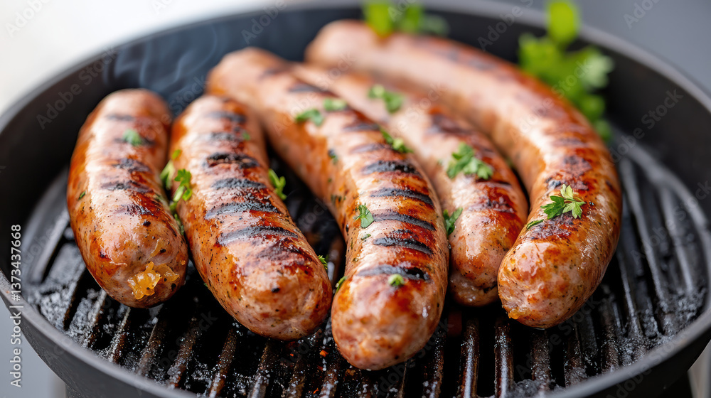 Grilled sausages with herbs create mouthwatering aroma and delicious flavor Grilled sausages with herbs create mouthwatering aroma and delicious flavor