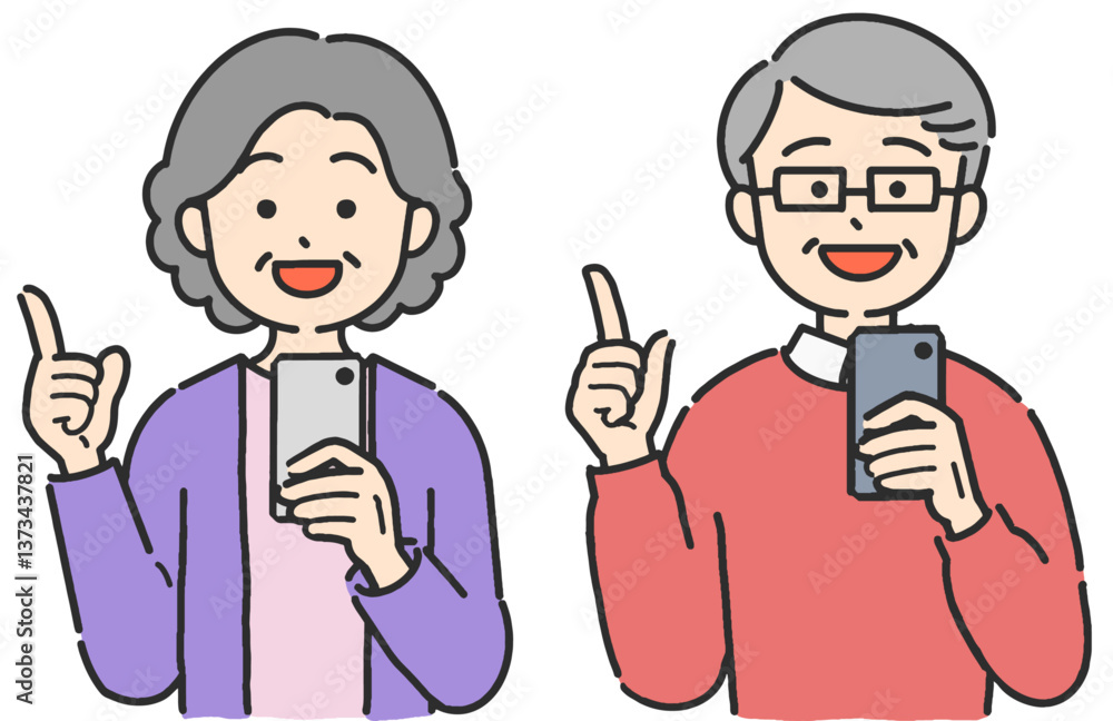スマホを操作して指差しするシニア男女のイラスト
スマホを操作して指差しするシニア男女のイラスト