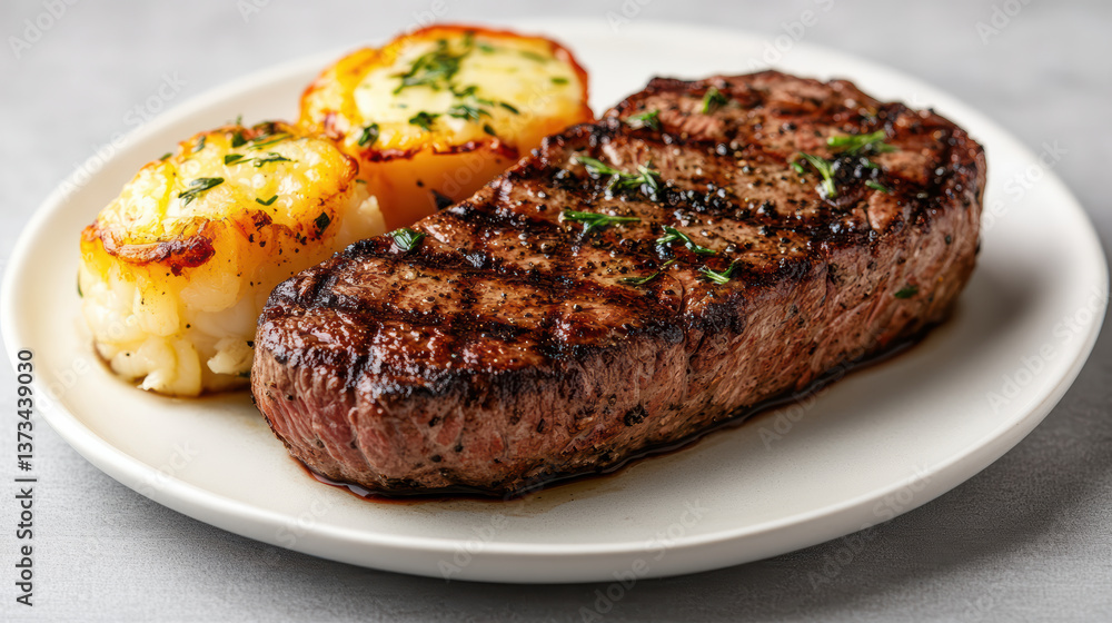 Juicy steak served with grilled vegetables, creating delicious and satisfying meal Juicy steak served with grilled vegetables, creating delicious and satisfying meal