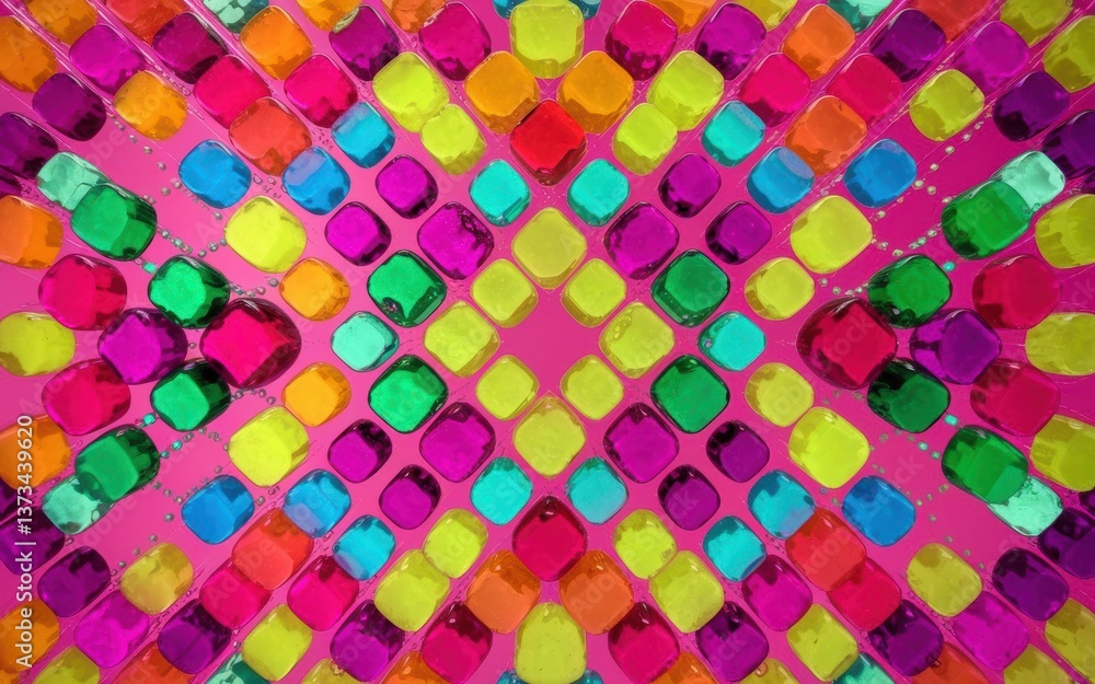 Vibrant geometric pattern made of alternating pink, green, and yellow shapes, creating a dynamic visual display. Vibrant geometric pattern made of alternating pink, green, and yellow shapes, creating a dynamic visual display.