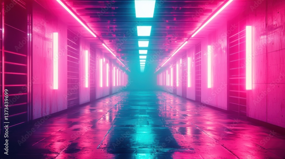 Futuristic corridor illuminated by neon lights with a reflective floor texture. Futuristic corridor illuminated by neon lights with a reflective floor texture.