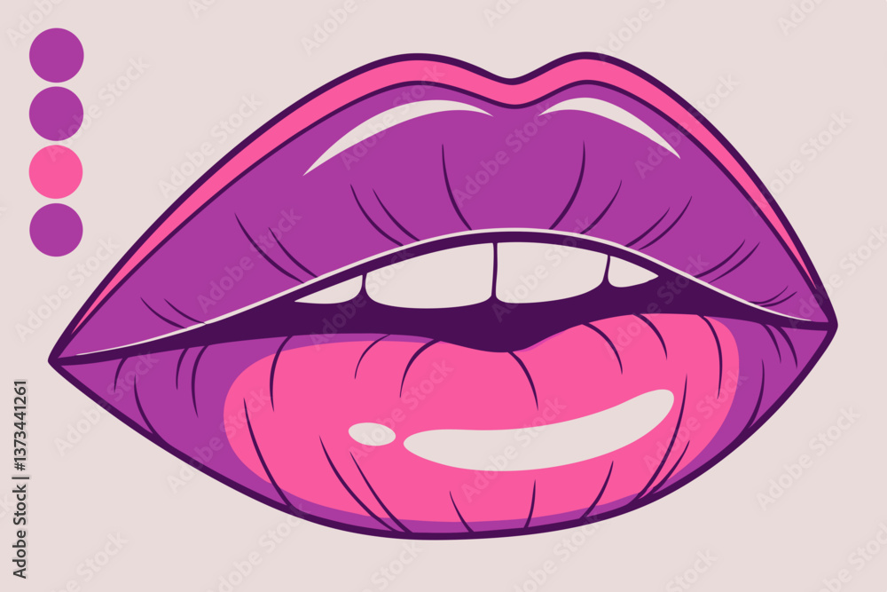 Closeup of lips, vibrant purple and pink lipsticks on a white background Closeup of lips, vibrant purple and pink lipsticks on a white background